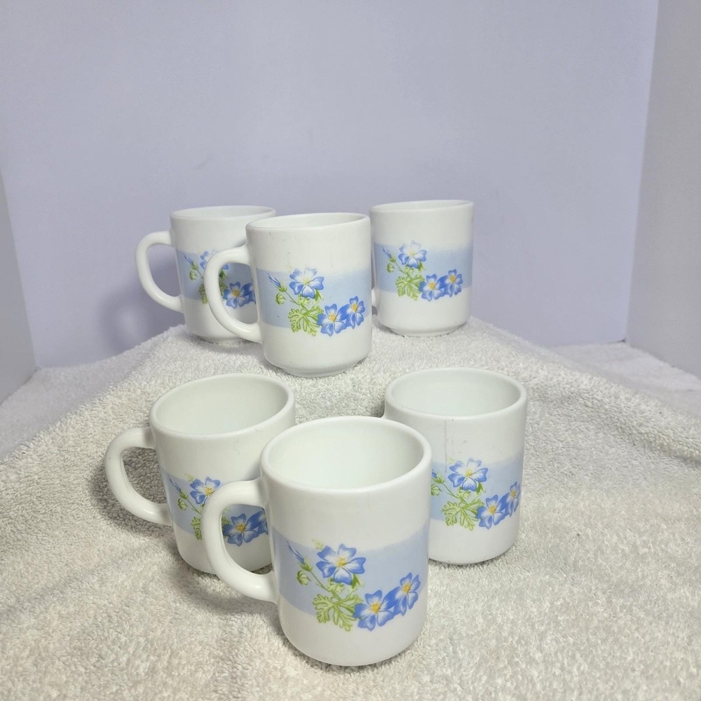 Vtg RAk Tea Cups Set Of 6 Small Ceramic Blue River 250ml Blue Floral Print UAE